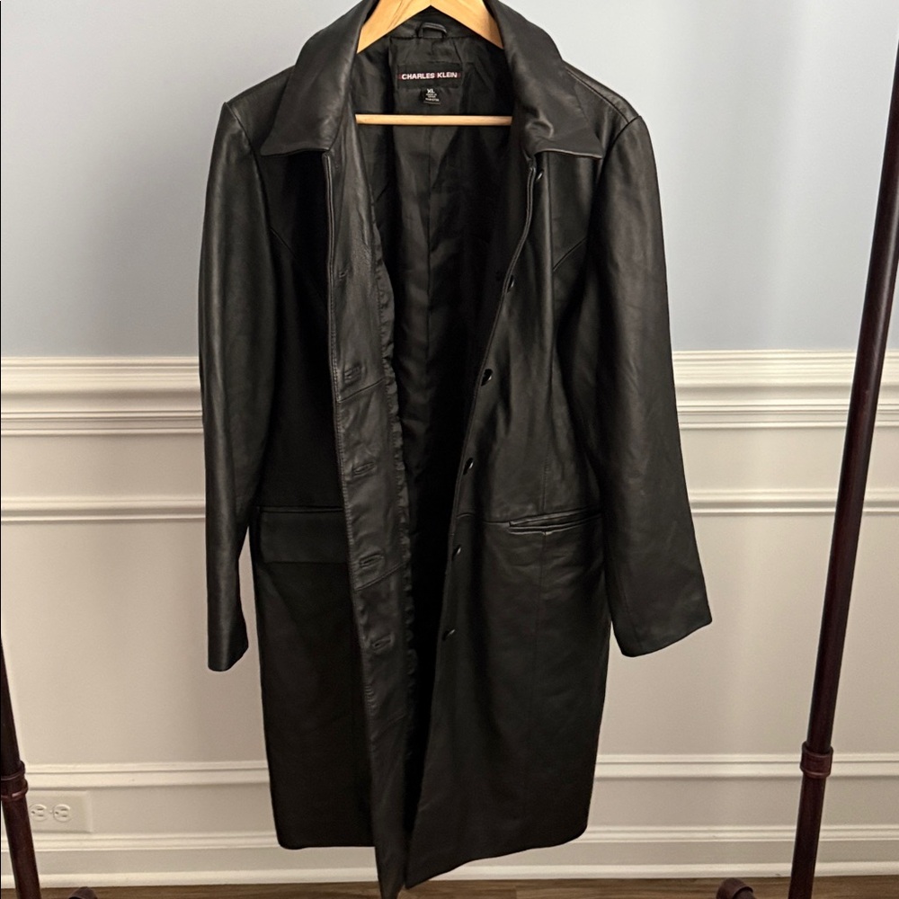 Charles Klein Black Leather Trench Coat Jacket Women's XL Collared Button Up 90s - Picture 5 of 7
